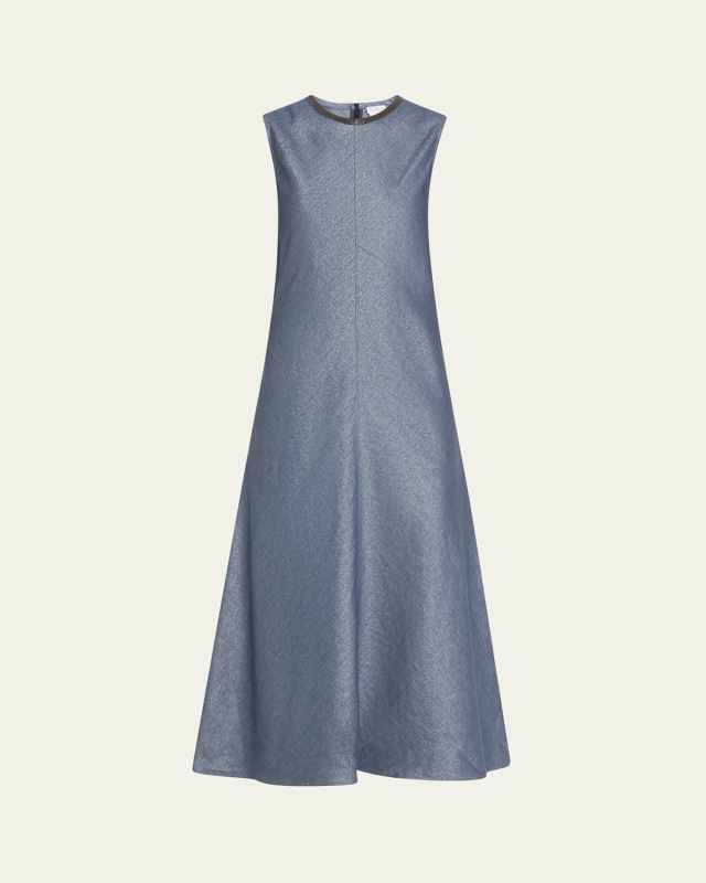 Shiny Long Linen Wool Twill A-Line Dress with Monili Necklin